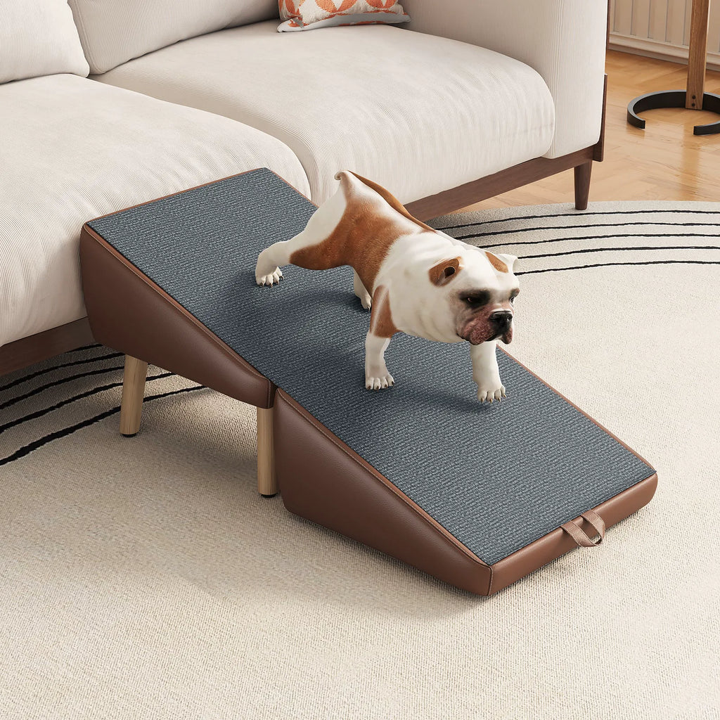 Small dog on brown pet ramp beside couch