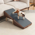 Small dog on brown pet ramp beside couch