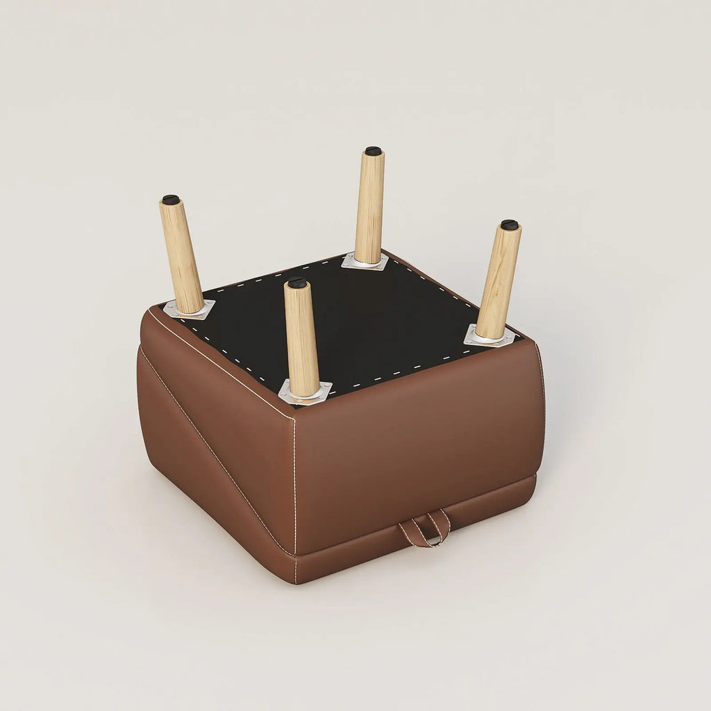 Wooden pet ottoman underside with legs installed