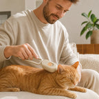 Light brown swivel-handle cat mist brush used on an orange tabby