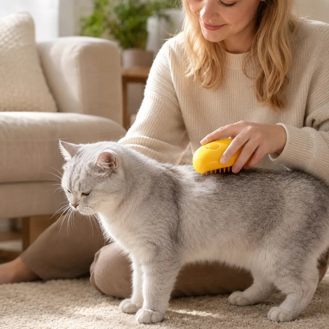 Yellow mango-shaped cat mist brush used on a silver-gray cat Main image