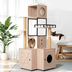 Multifunction cat tree with cats in a bright room
