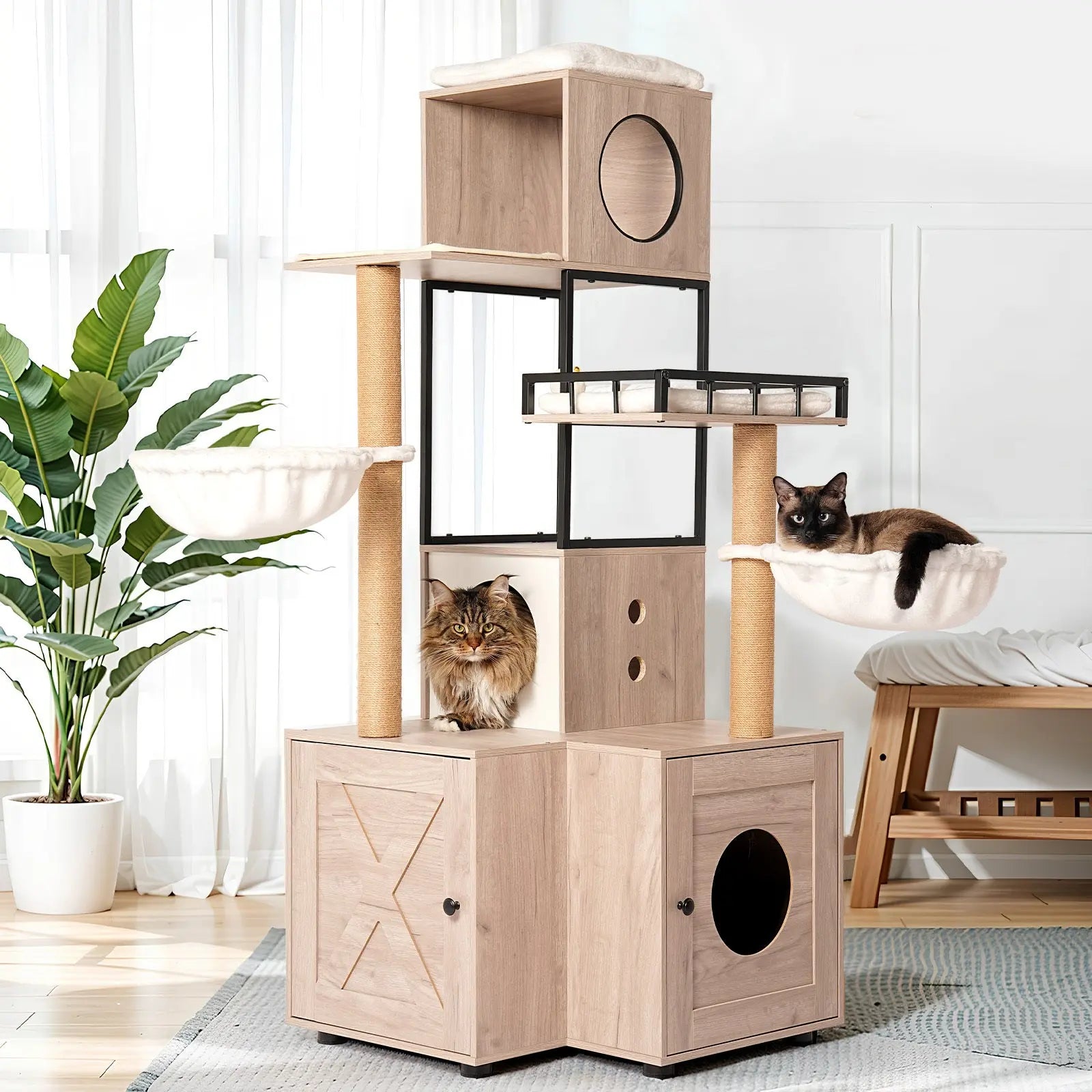 Multifunction cat tree with cats in a bright room