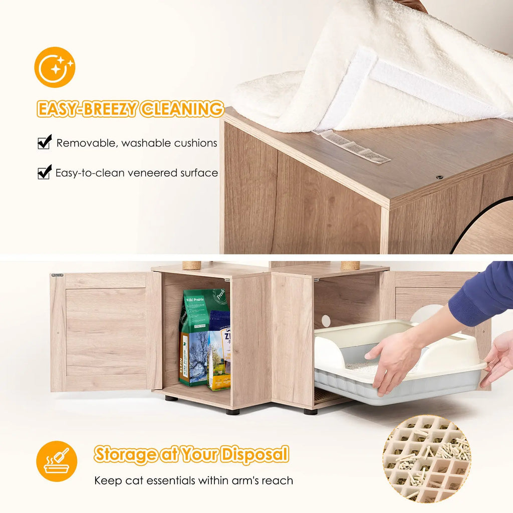 Storage and washable cushion features on a cat tree
