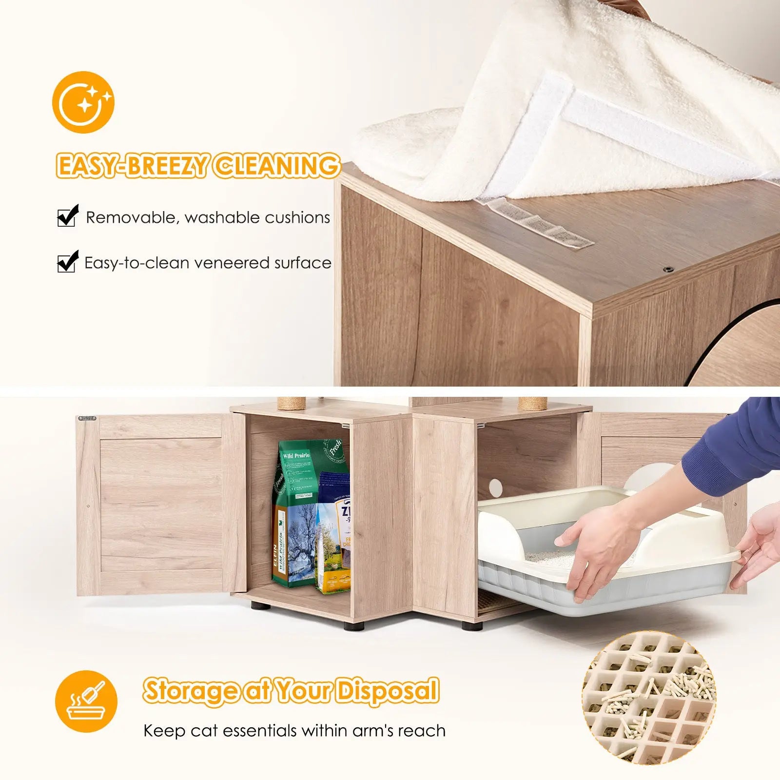 Storage and washable cushion features on a cat tree