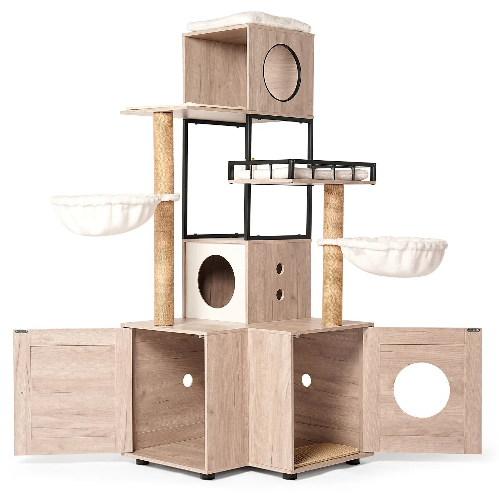 Open storage and litter box cabinet on a cat tree