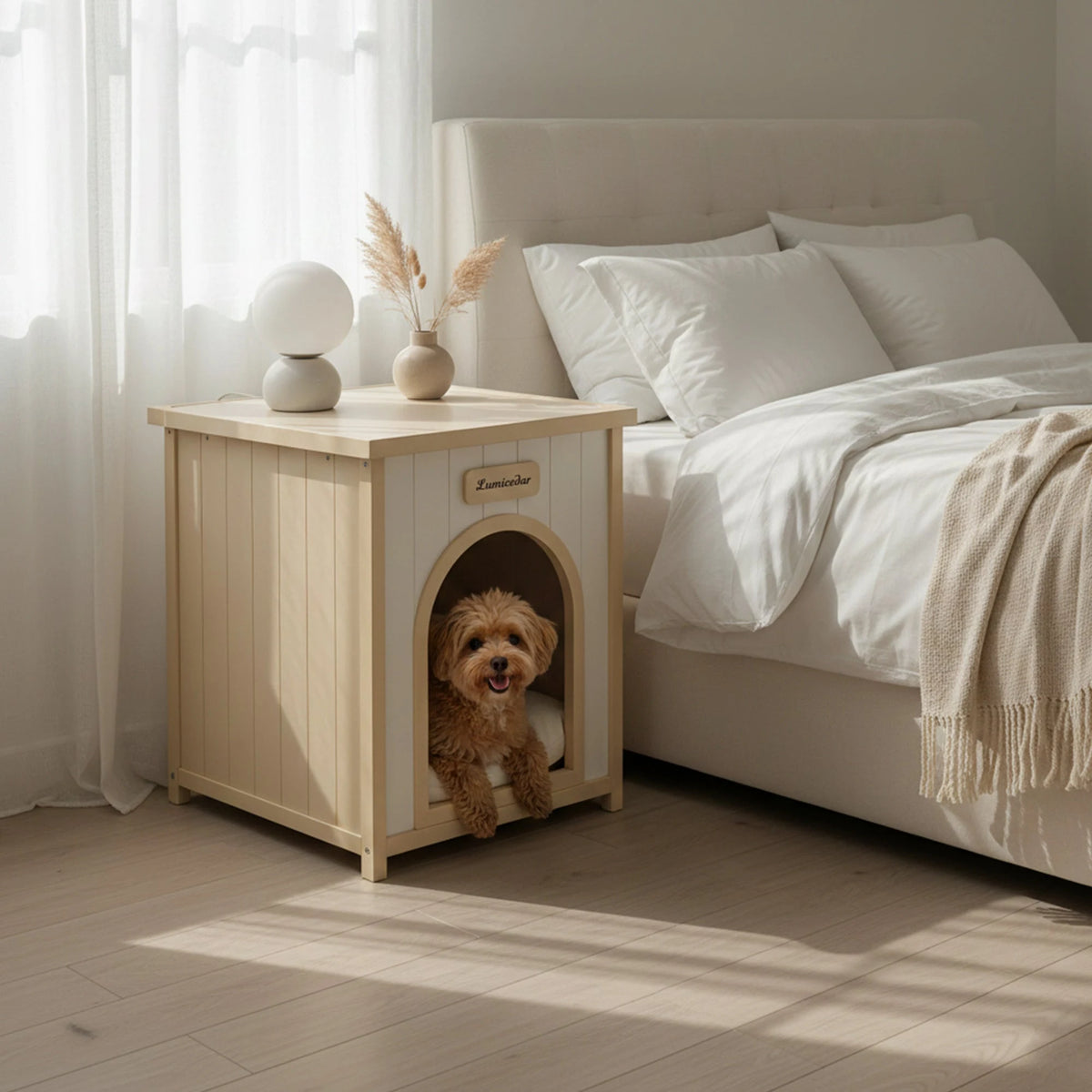 Cedar Indoor Pet House with Removable Cushion — pet house beside a bed Main image