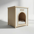 Cedar Indoor Pet House with Removable Cushion — arched entrance and cushion