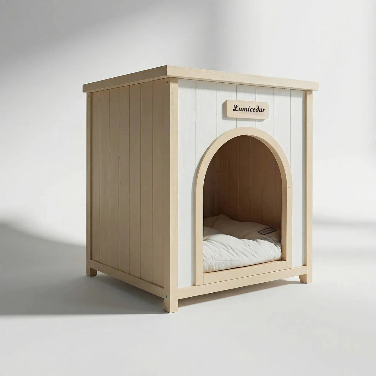 Cedar Indoor Pet House with Removable Cushion — arched entrance and cushion