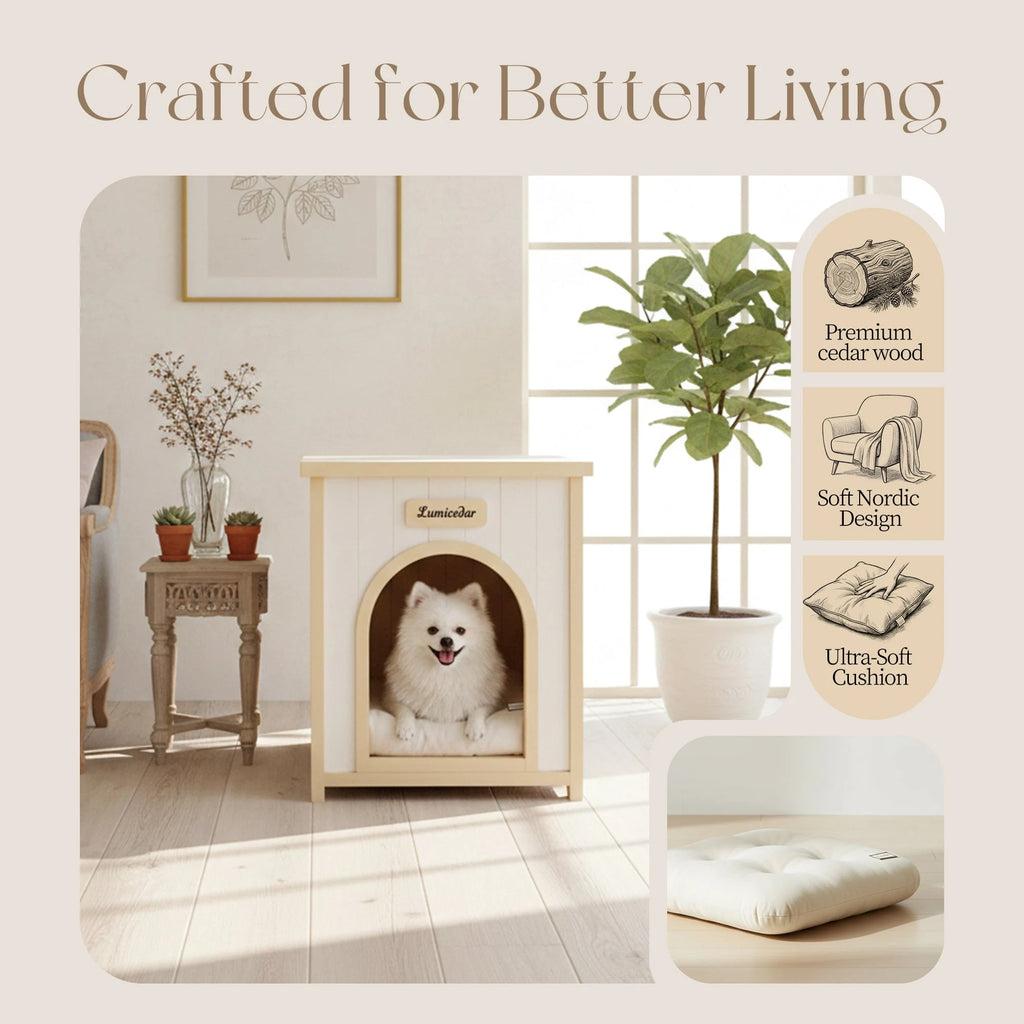 Cedar Indoor Pet House with Removable Cushion — cedar and cushion details