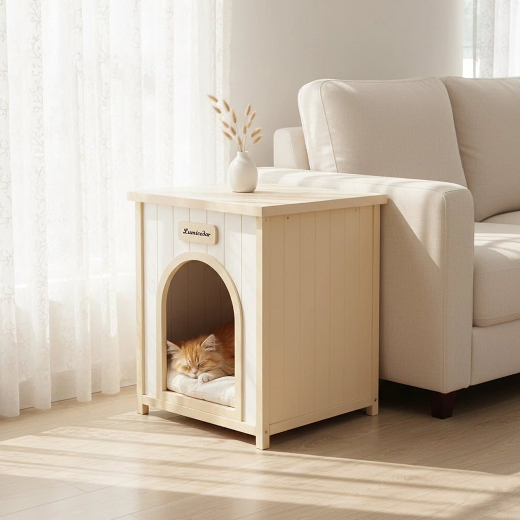Cedar Indoor Pet House with Removable Cushion — pet house beside a sofa