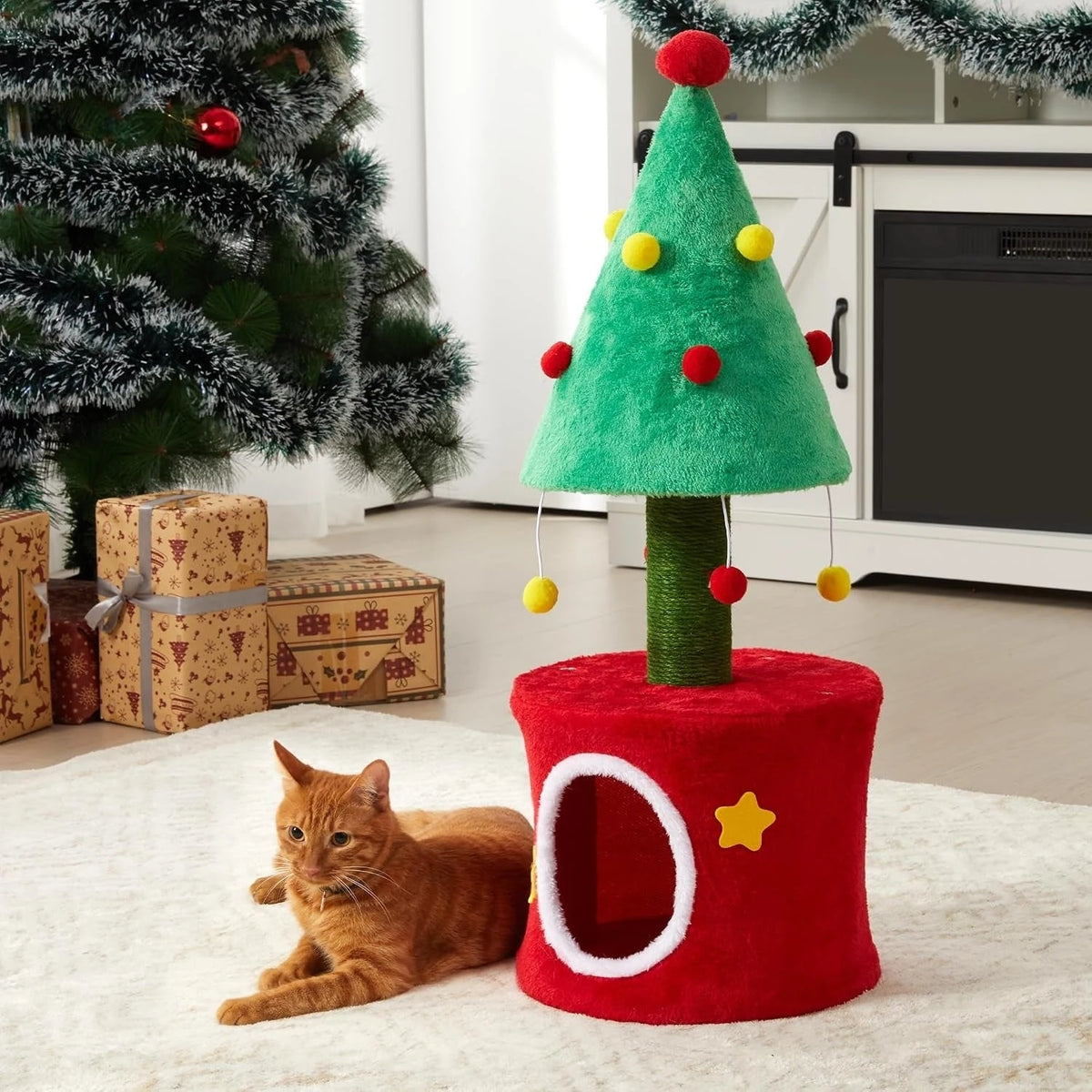 Christmas Cat Tree with Sisal Post and Hideaway — Christmas cat tree room setting Main image