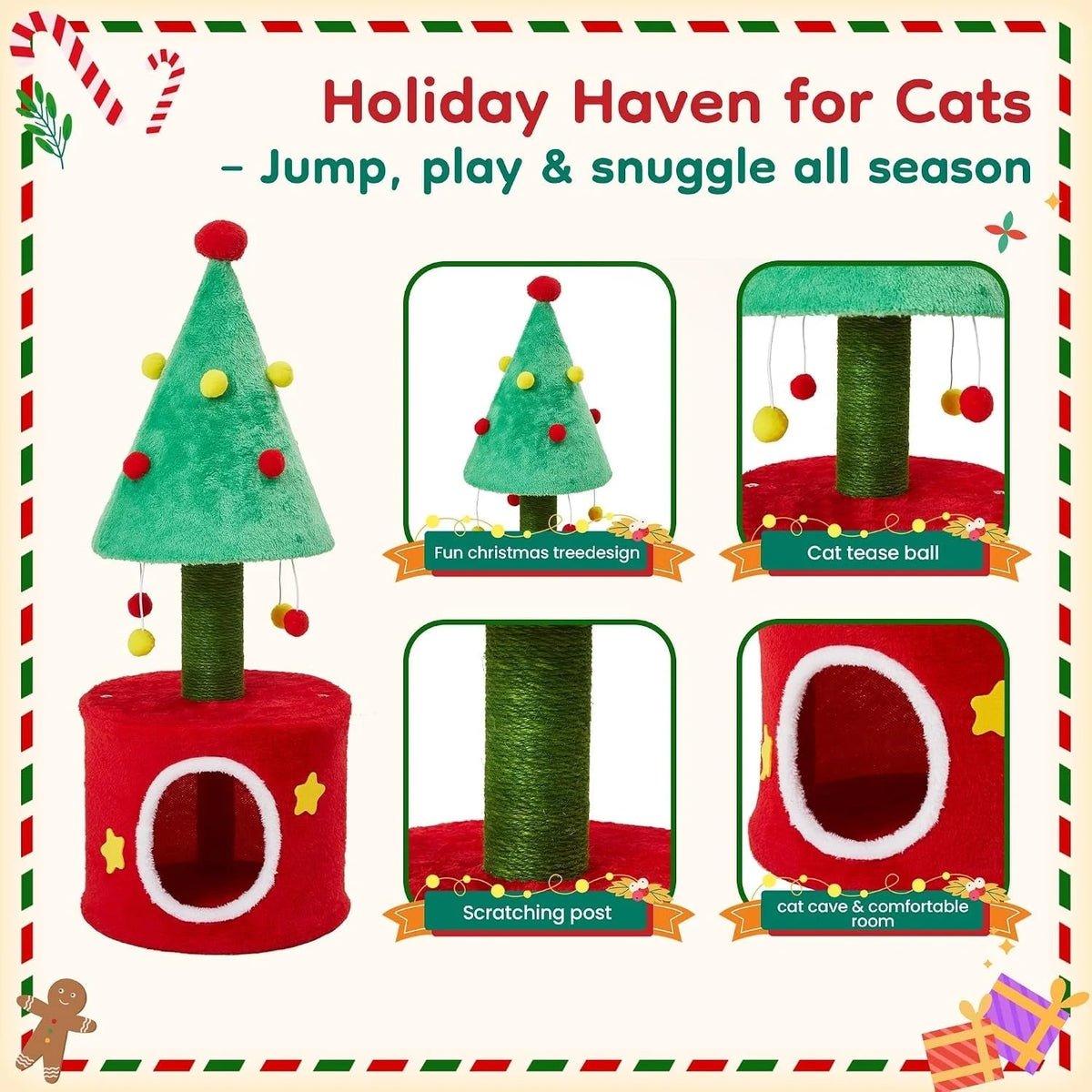 Christmas Cat Tree with Sisal Post and Hideaway — hideaway and scratching features