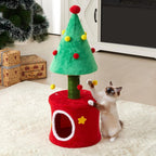 Christmas Cat Tree with Sisal Post and Hideaway — cat playing beside tree