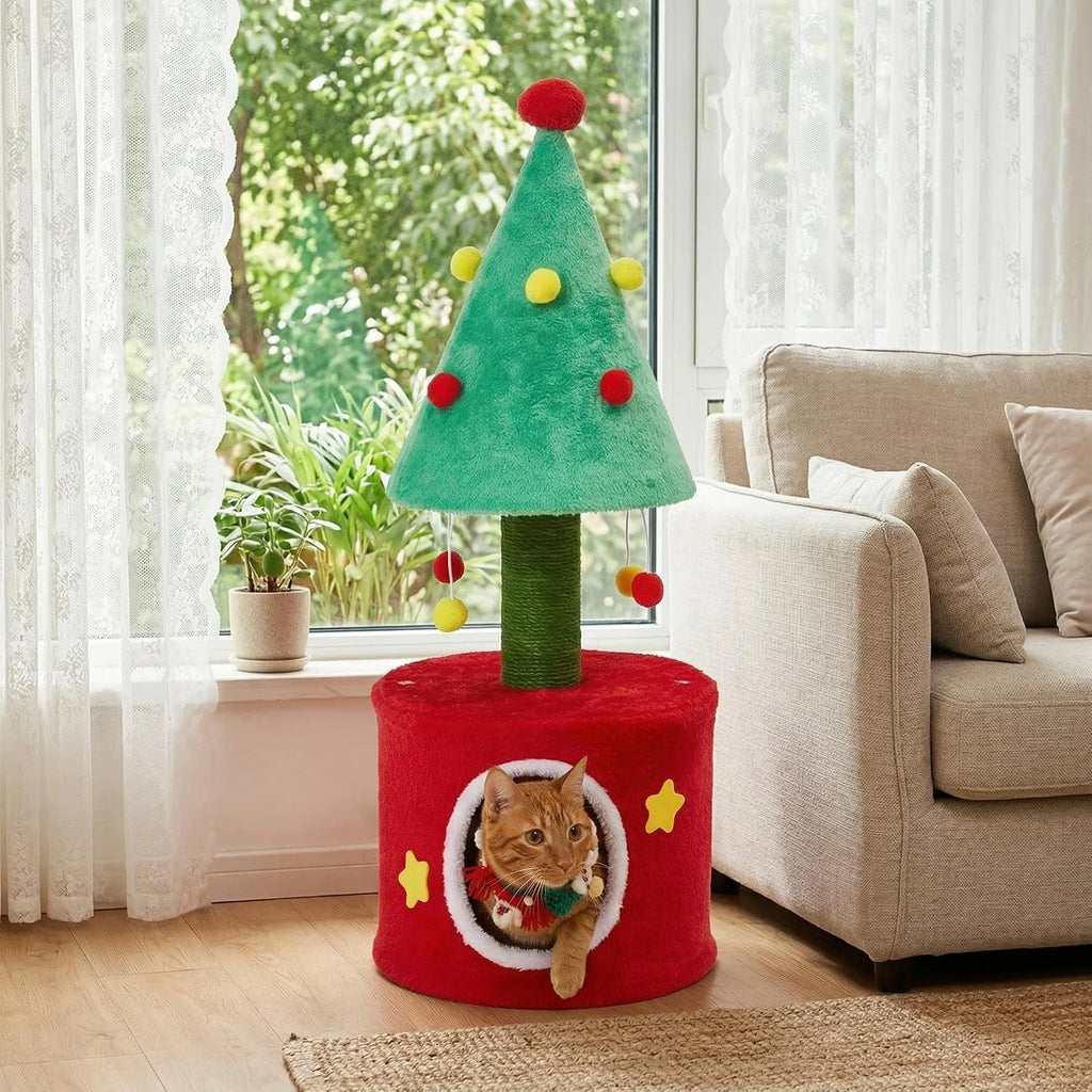 Christmas Cat Tree with Sisal Post and Hideaway — cat resting in hideaway