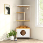 White and light oak corner cat tower in a living room