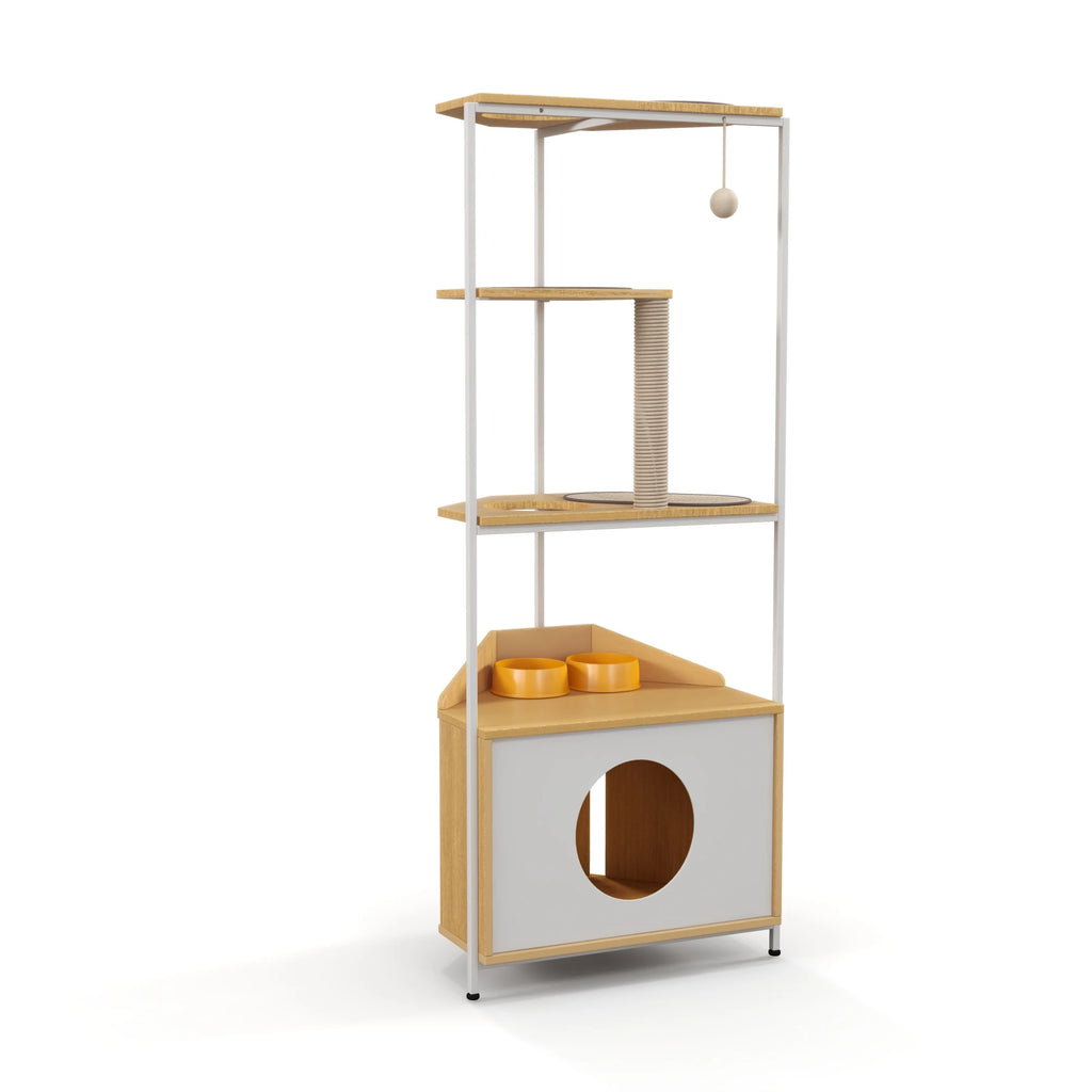 Corner cat tower with condo and feeding station