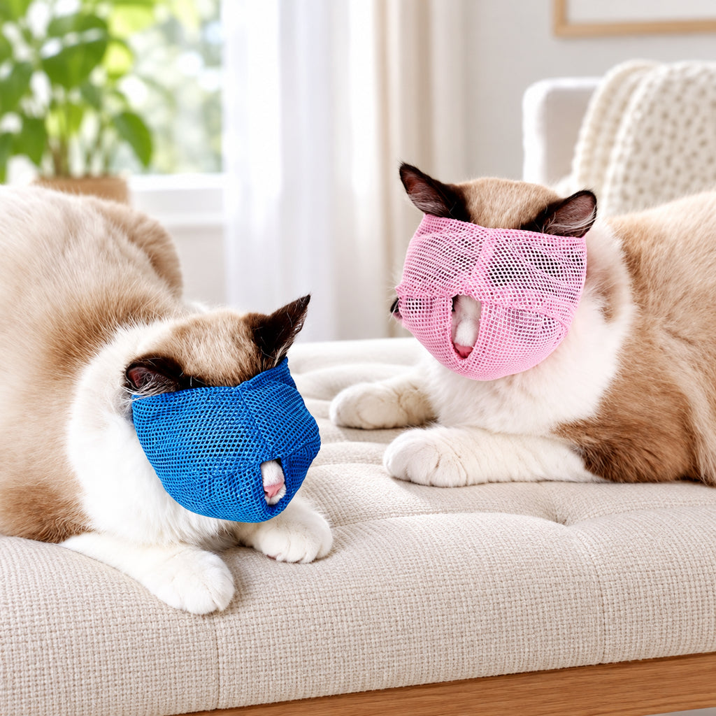 Cats wearing blue and pink adjustable mesh grooming muzzles