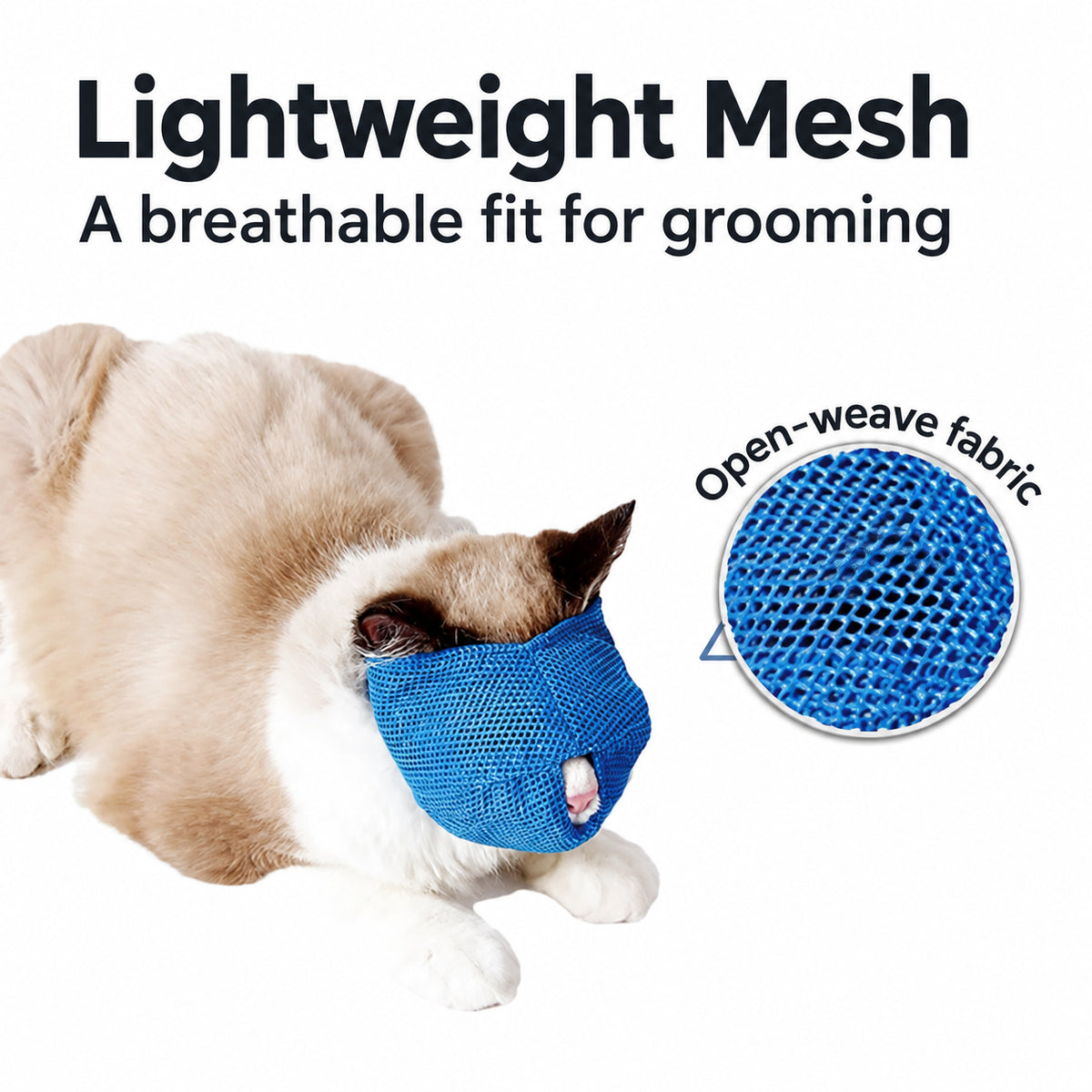 Blue cat grooming muzzle with open-weave mesh close-up