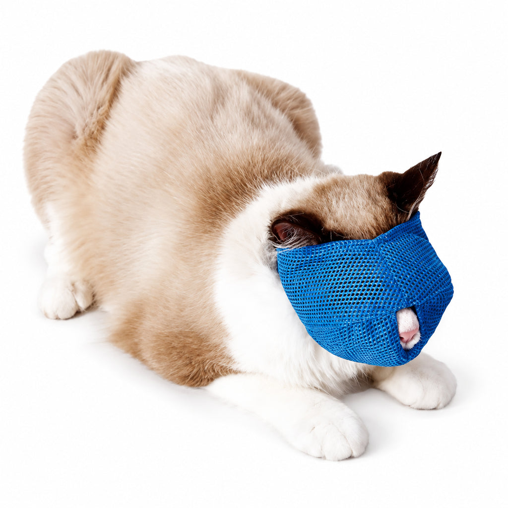 Blue mesh cat grooming muzzle with nose opening