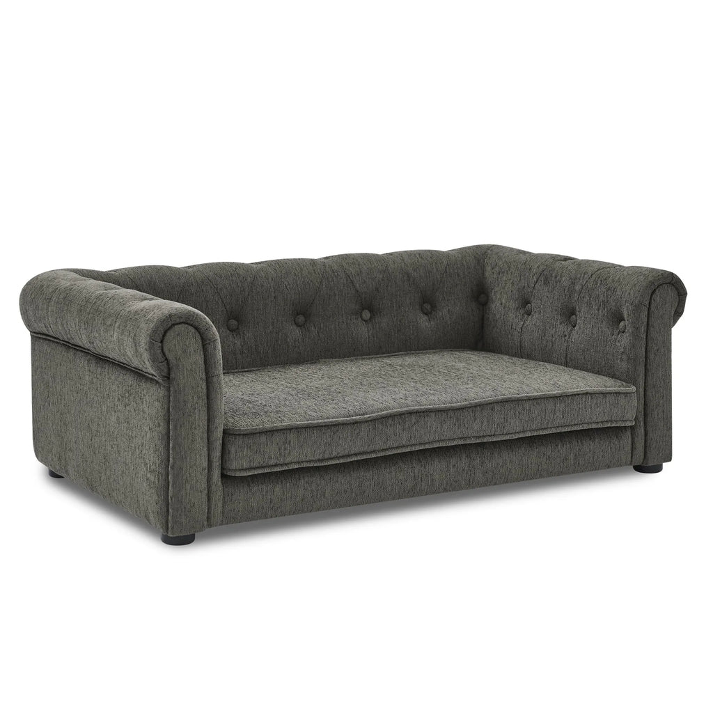Dark gray tufted dog sofa bed with rolled arms, angled front view