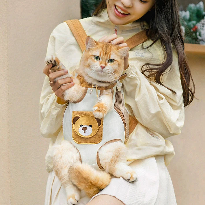 Pet Carrier Backpack for Cats & Small Dogs ¨C Breathable Mesh Hands-Free Carrier with Safety Buckle, Cute Bear Pocket, Escape-Proof Pet Backpack cwyp-001