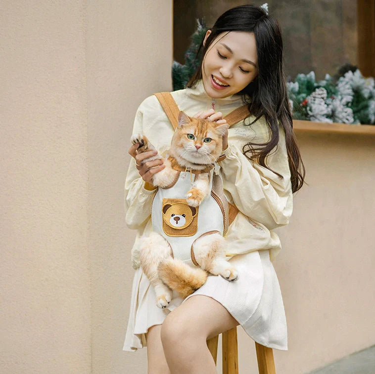 Pet Carrier Backpack for Cats & Small Dogs ¨C Breathable Mesh Hands-Free Carrier with Safety Buckle, Cute Bear Pocket, Escape-Proof Pet Backpack cwyp-001