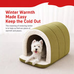 Dog inside green arched pet cave bed