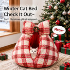 Red plaid pet cave bed with bow
