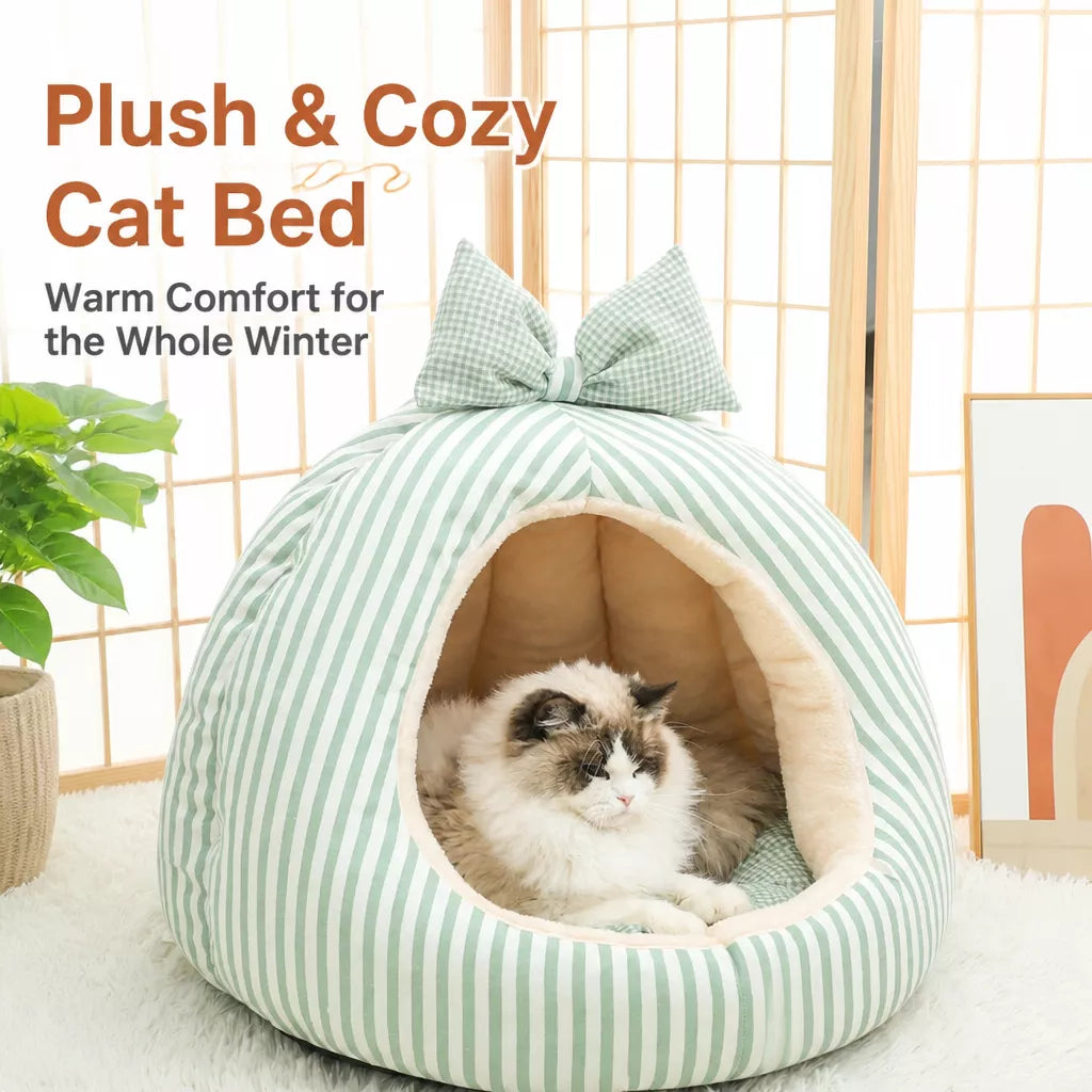 Striped Pet Cave Bed with Bow and Removable Cushion - product detail