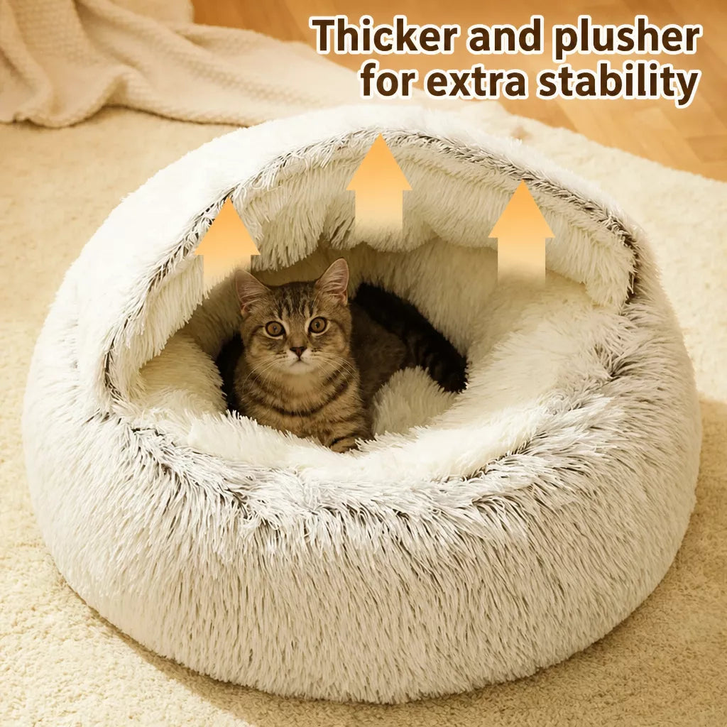Hooded Round Plush Cat and Small Dog Bed — design and construction details