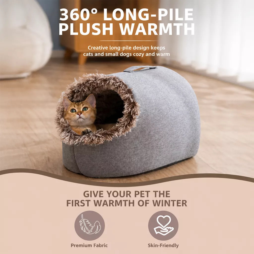 Enclosed Plush Pet Bed for Cats and Small Dogs