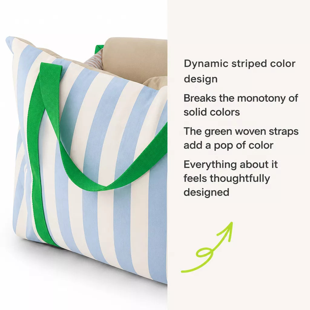 Blue-and-white stripes and green carry handle