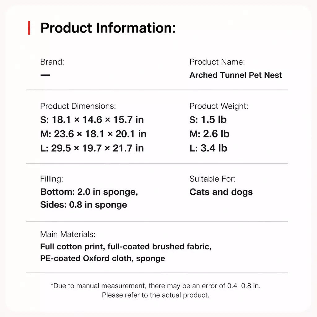 Arched pet cave bed material and dimension panel