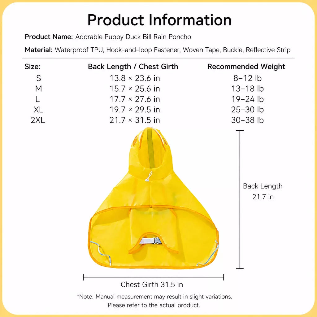 Dog rain poncho back length and chest measurement chart