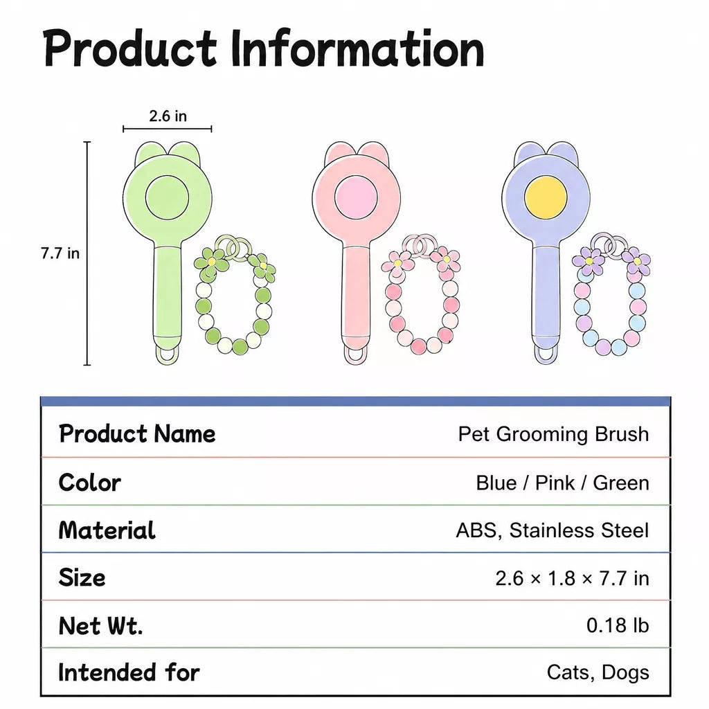 Self-Cleaning Pet Grooming Brush with Curved Pins size and product information