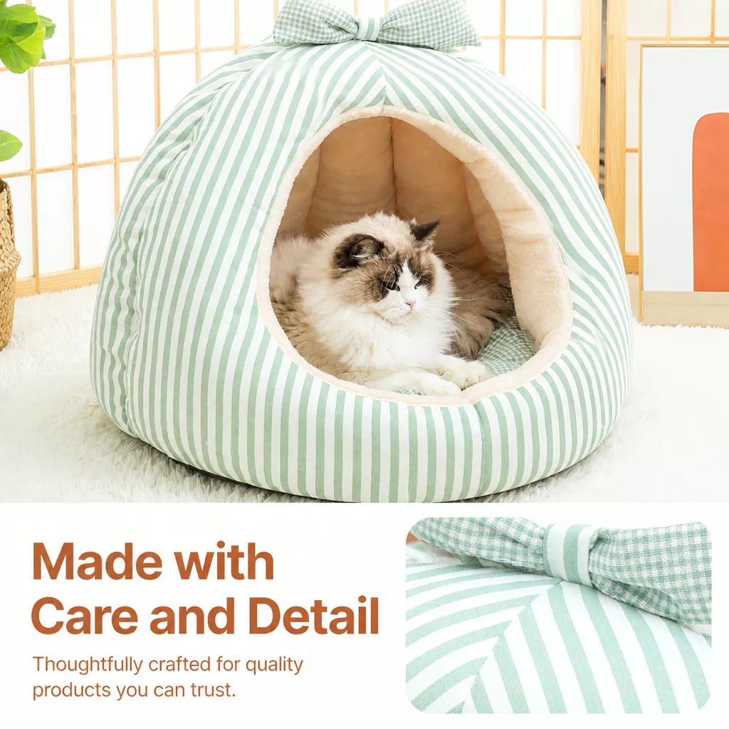 Striped Pet Cave Bed with Bow and Removable Cushion - product detail