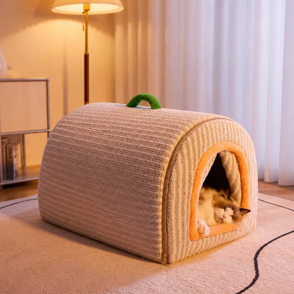 Enclosed Plush Pet House with Curtain and Handle Options shown in the product photo