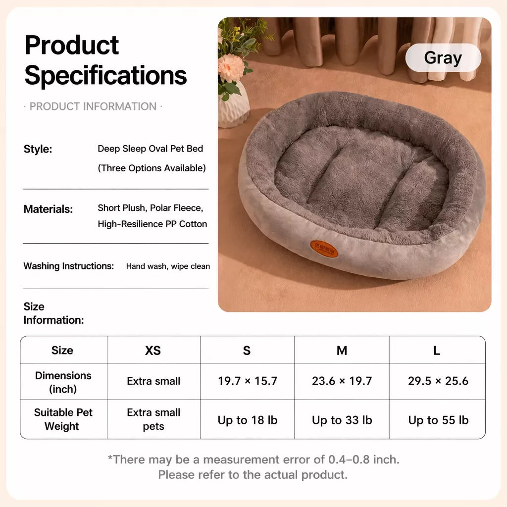 Oval Plush Bolster Pet Bed with Non-Slip Base size and product information