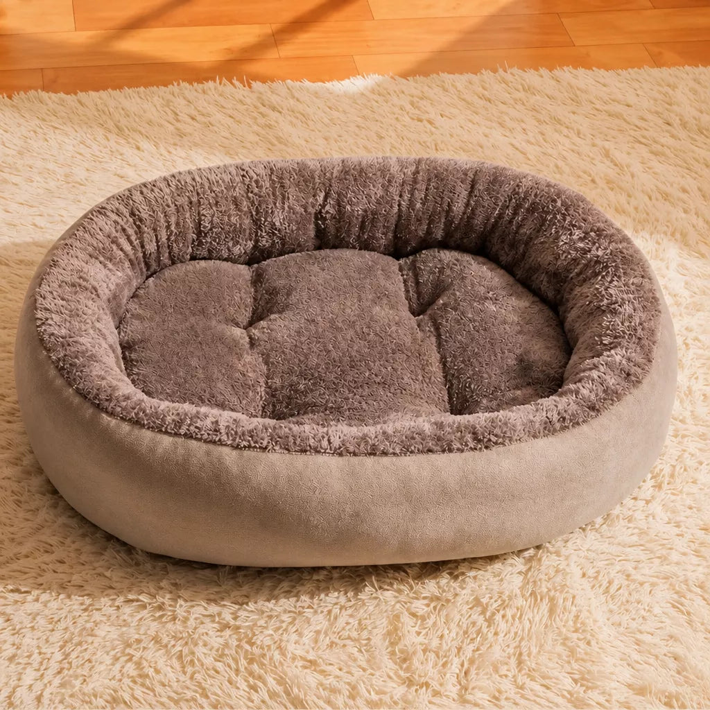 Brown fleece-lined oval pet bed