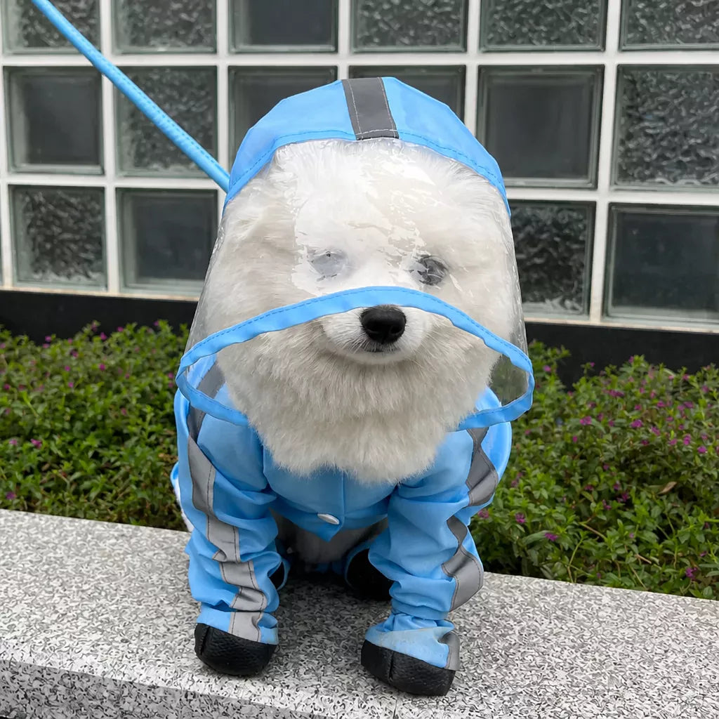 Four-Leg Dog Rain Suit with Clear Hood and Leash Access - product detail
