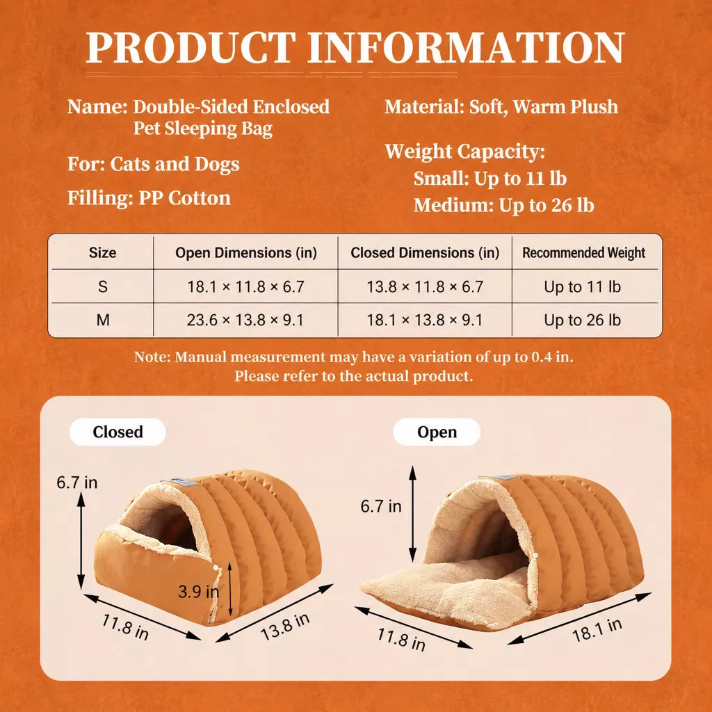 Convertible Plush Pet Cave Bed with Snap-Open Front size and product information
