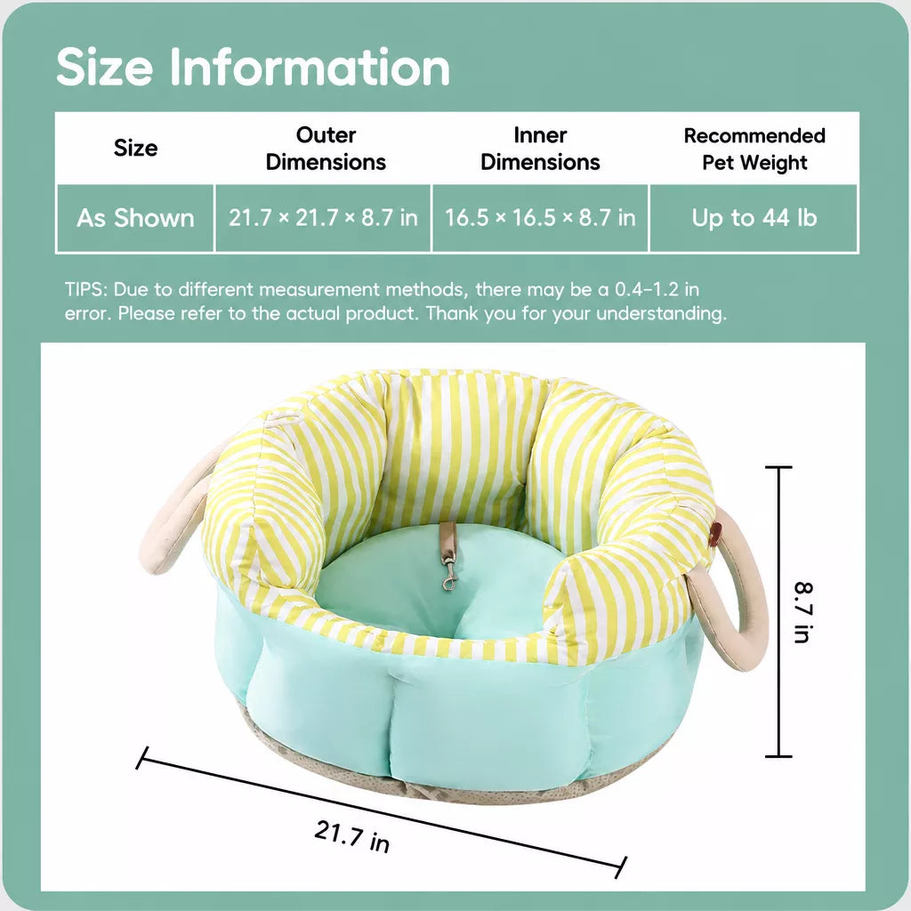 Striped Pet Car Bed with Carry Handles and Seat Straps size and product information