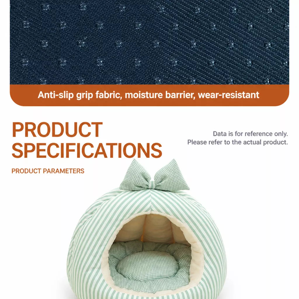 Textured non-slip underside of the striped pet cave bed