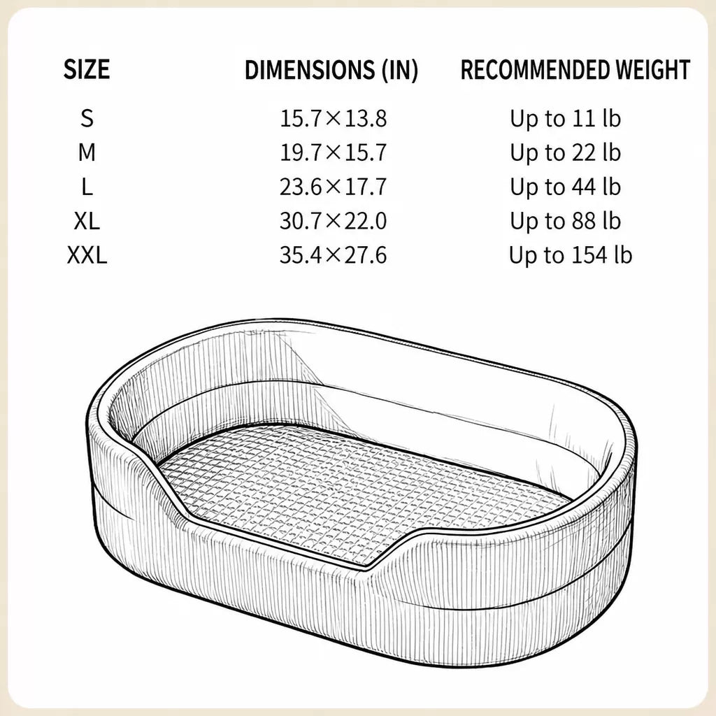 Pet bed size chart with length, width and pictured weight guidance