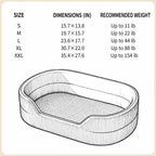 Pet bed size chart with length, width and pictured weight guidance