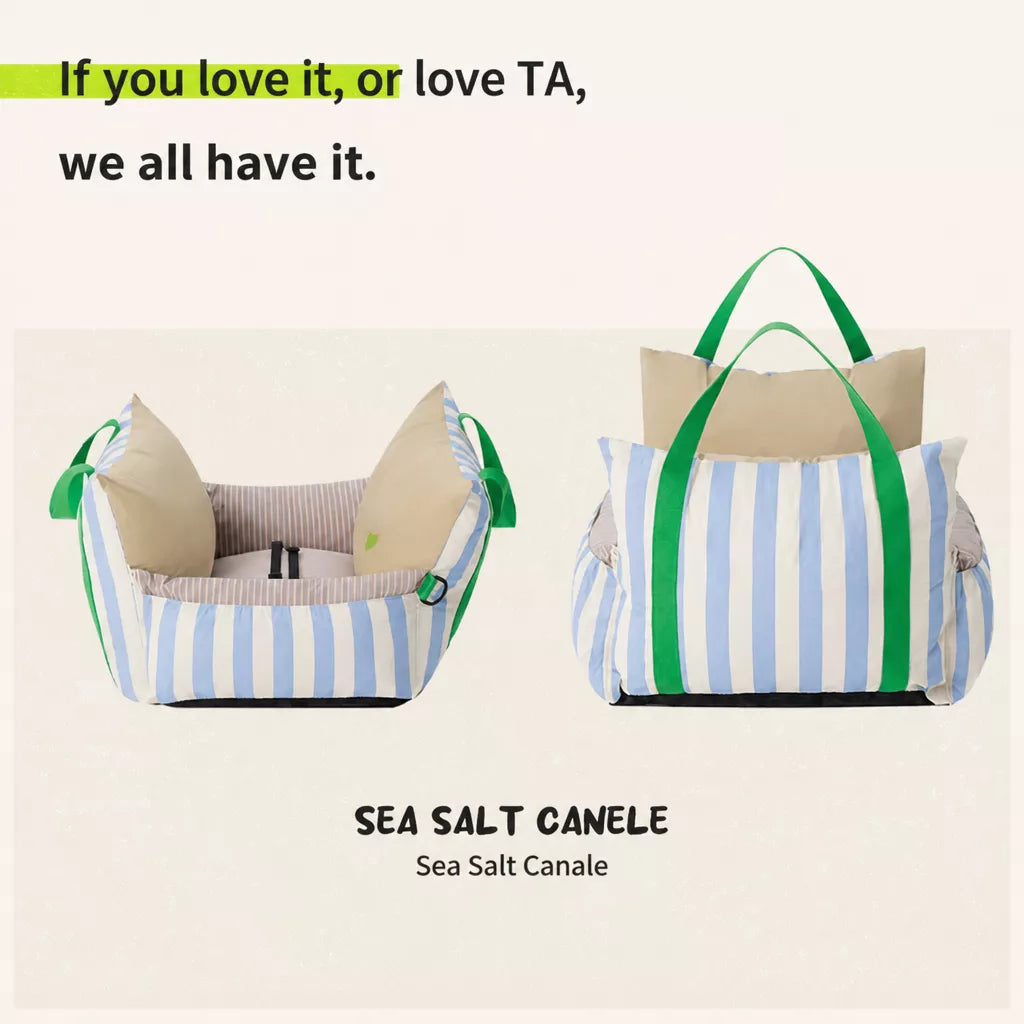 Striped pet car bed open and bag-style views