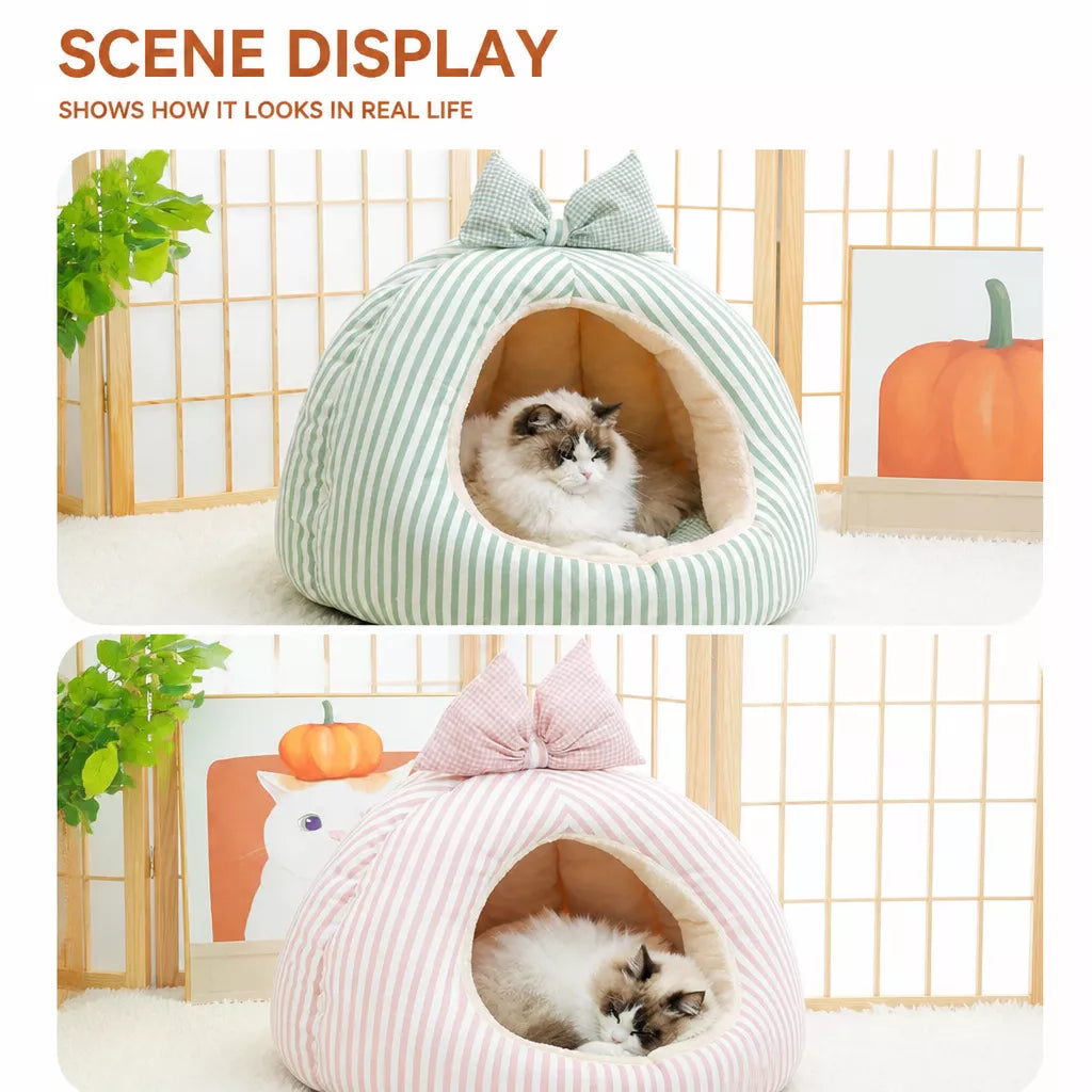 Striped Pet Cave Bed with Bow and Removable Cushion - product detail