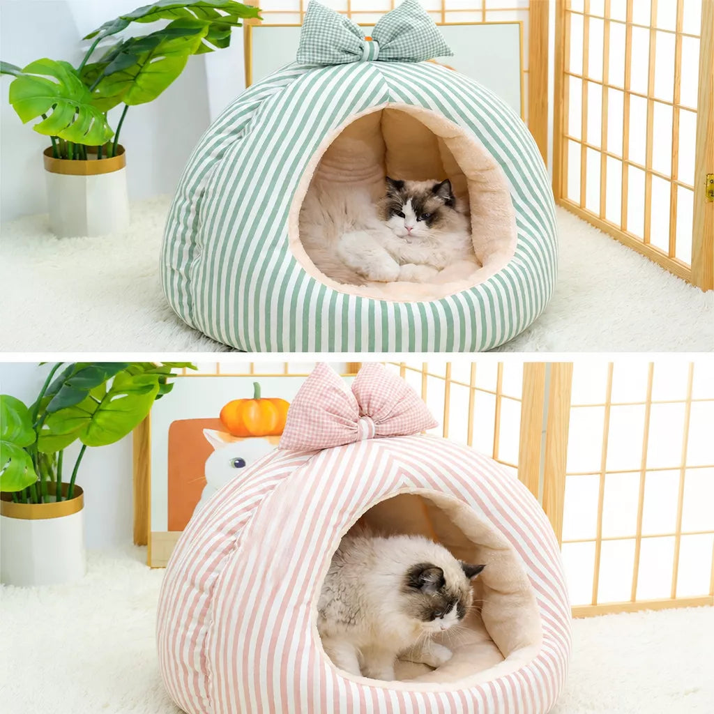 Striped Pet Cave Bed with Bow and Removable Cushion - product detail