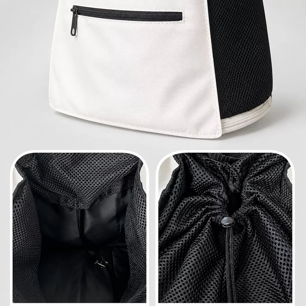 Zippered pocket and drawstring mesh details